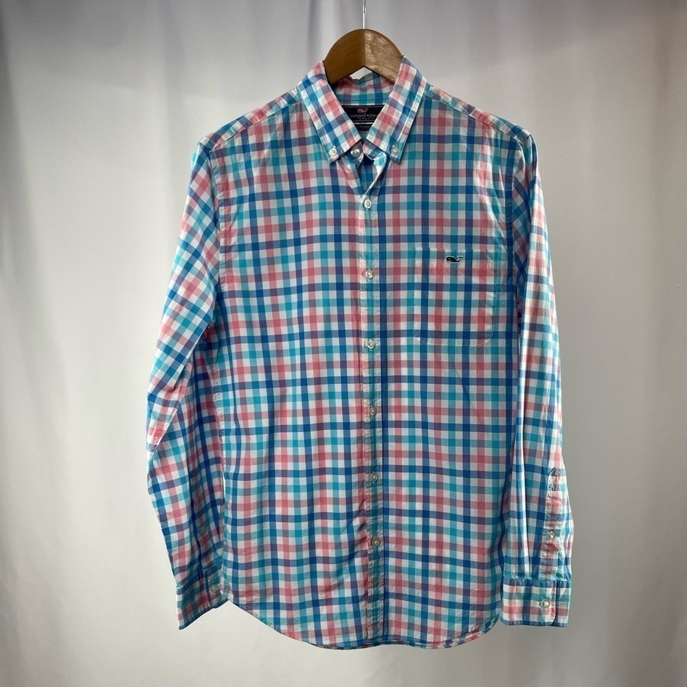 Vineyard Vines Gingham Cotton Slim Fit‎ Tucker Shirt in Blue Pink Size Small